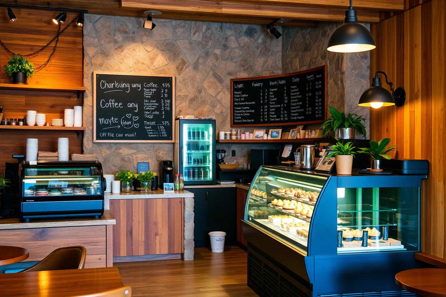 Wooden and stone coffee counter with bakery display and chalkboard menu