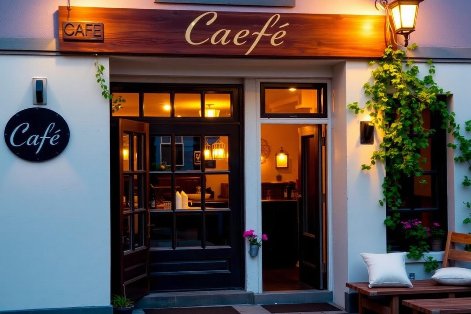 Café entrance at dusk with wooden signage, lanterns, flowers and a cushioned bench