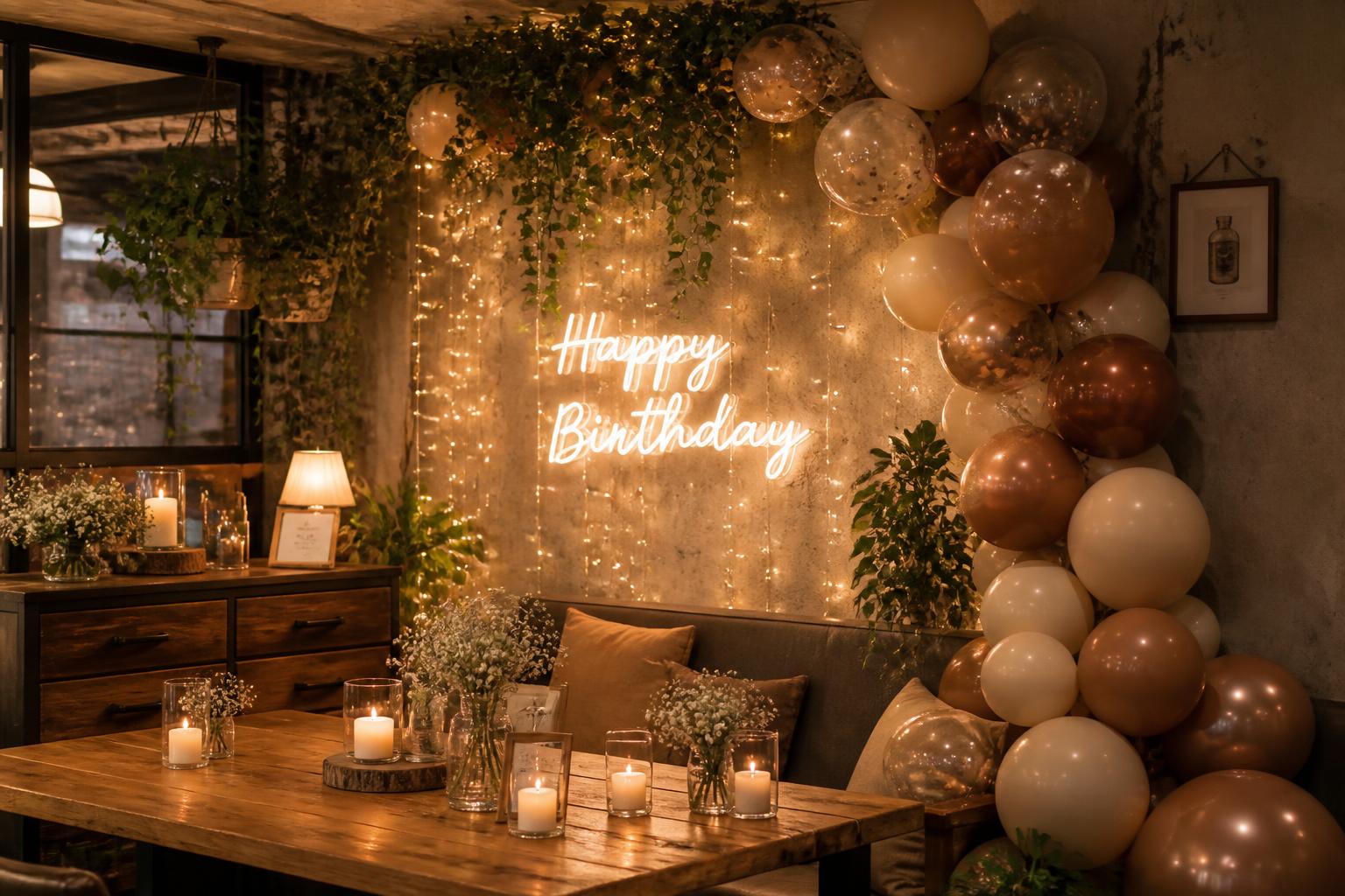 Café celebration corner with fairy lights, warm balloons and candles on a wooden table