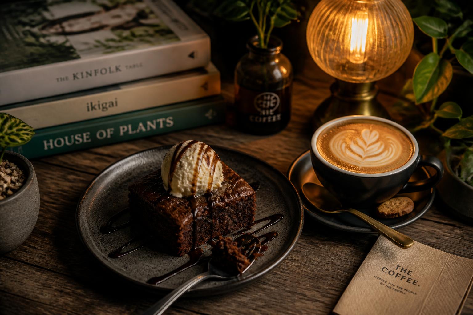 Warm brownie with ice cream beside a cappuccino, books and a table lamp