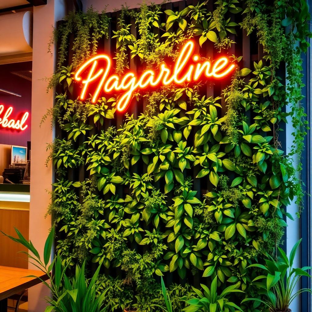 Vertical garden wall of lush plants with a glowing neon sign