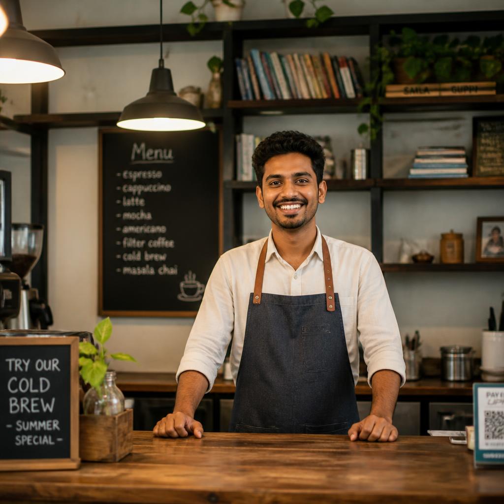 Aarav Mehta, café manager, smiling behind the wooden counter